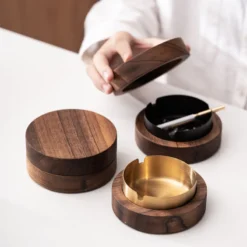 Creative Ashtrays With Lid Walnut Wood Desktop Ashtray Stainless Steel Windproof Ash Tray for Smoking Office Home Decoration 1