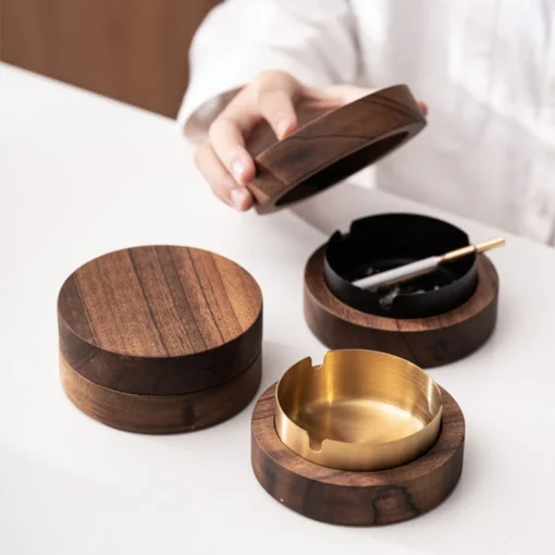 Creative Ashtrays With Lid Walnut Wood Desktop Ashtray Stainless Steel Windproof Ash Tray for Smoking Office Home Decoration 1