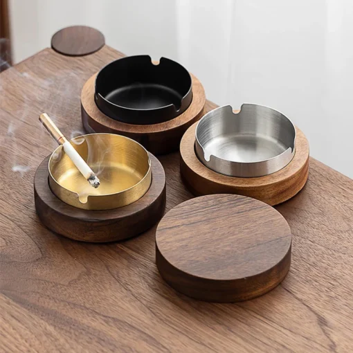 Creative Ashtrays With Lid Walnut Wood Desktop Ashtray Stainless Steel Windproof Ash Tray for Smoking Office Home Decoration 3
