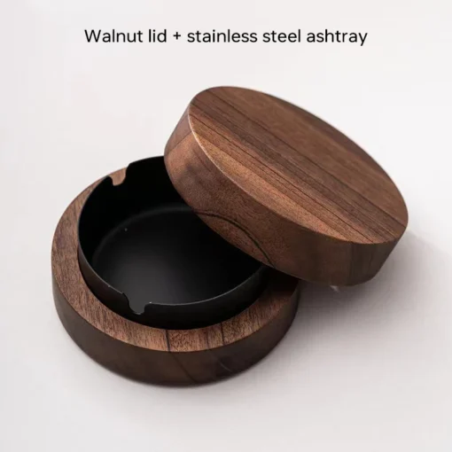 Creative Ashtrays With Lid Walnut Wood Desktop Ashtray Stainless Steel Windproof Ash Tray for Smoking Office Home Decoration 9