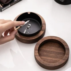 Creative Ashtrays With Lid Walnut Wood Desktop Ashtray Stainless Steel Windproof Ash Tray for Smoking Office Home Decoration 2