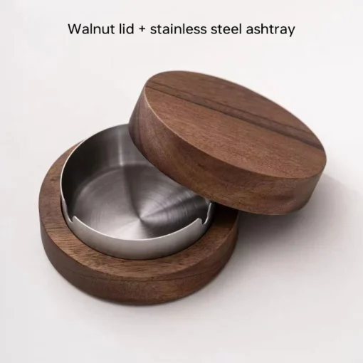 Creative Ashtrays With Lid Walnut Wood Desktop Ashtray Stainless Steel Windproof Ash Tray for Smoking Office Home Decoration 11