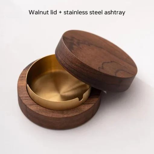 Creative Ashtrays With Lid Walnut Wood Desktop Ashtray Stainless Steel Windproof Ash Tray for Smoking Office Home Decoration 10